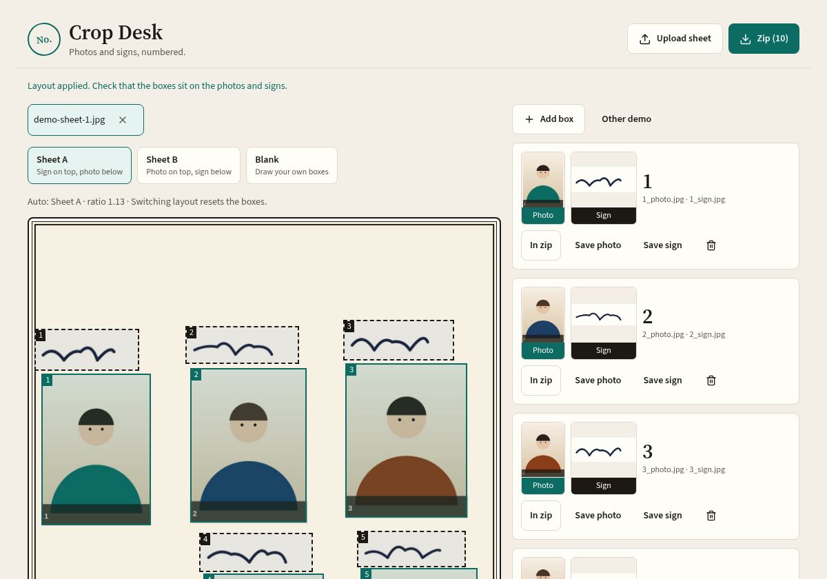 Crop Desk tool showing a sheet with numbered photo and signature boxes and a list of cropped files